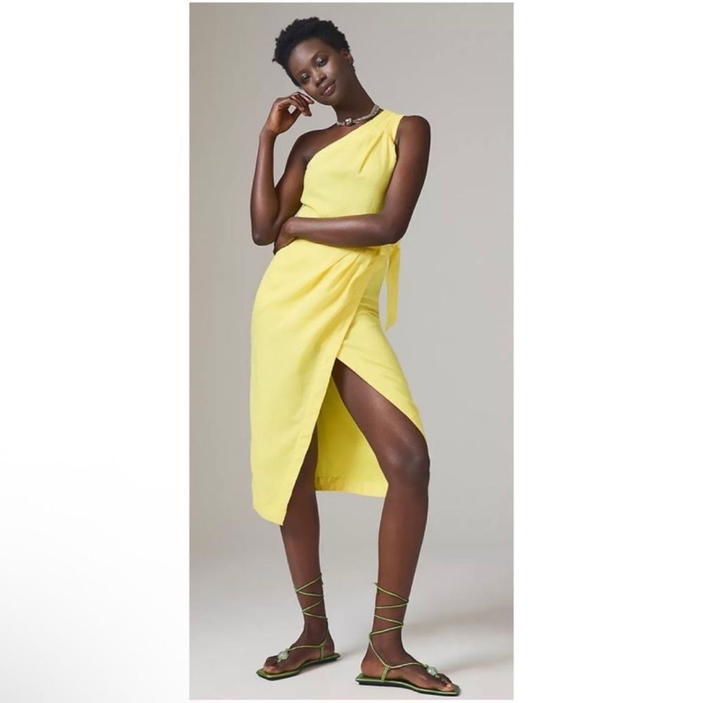NEW By Anthropologie Linen One Shoulder Wrap Dress Yellow Size 12